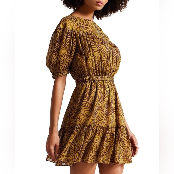 Ted Baker Mairley Yoke Detail Printed Mini Dress Yellow - Picture 1 of 4
